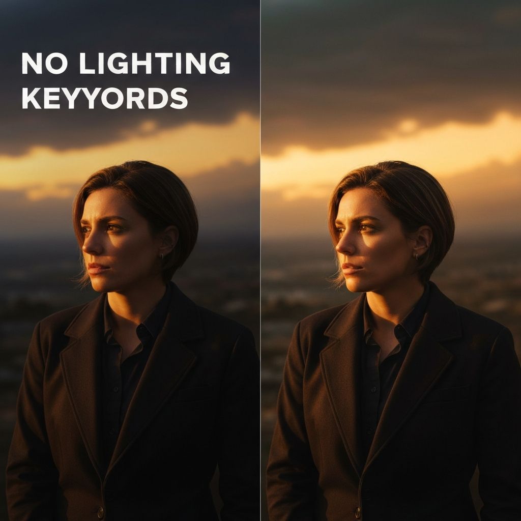 Split-screen comparison: Left shows flat, dull lighting; Right shows the same scene with golden hour rim lighting, dramatic shadows, volumetric god rays, and cinematic color grading