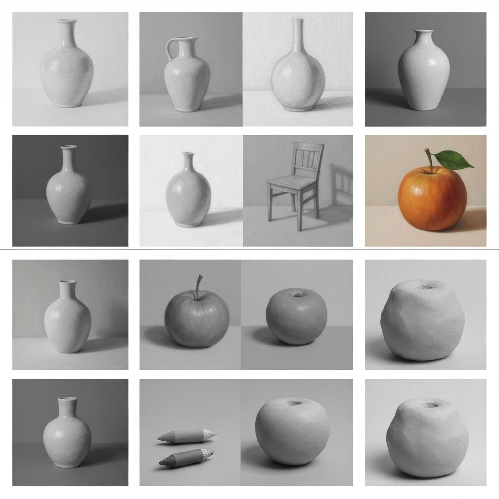 A grid of 6 versions of identical subjects rendered in different mediums: oil painting, watercolor, pencil sketch, digital art, 3D render, and photography. Each quadrant labeled with its medium name