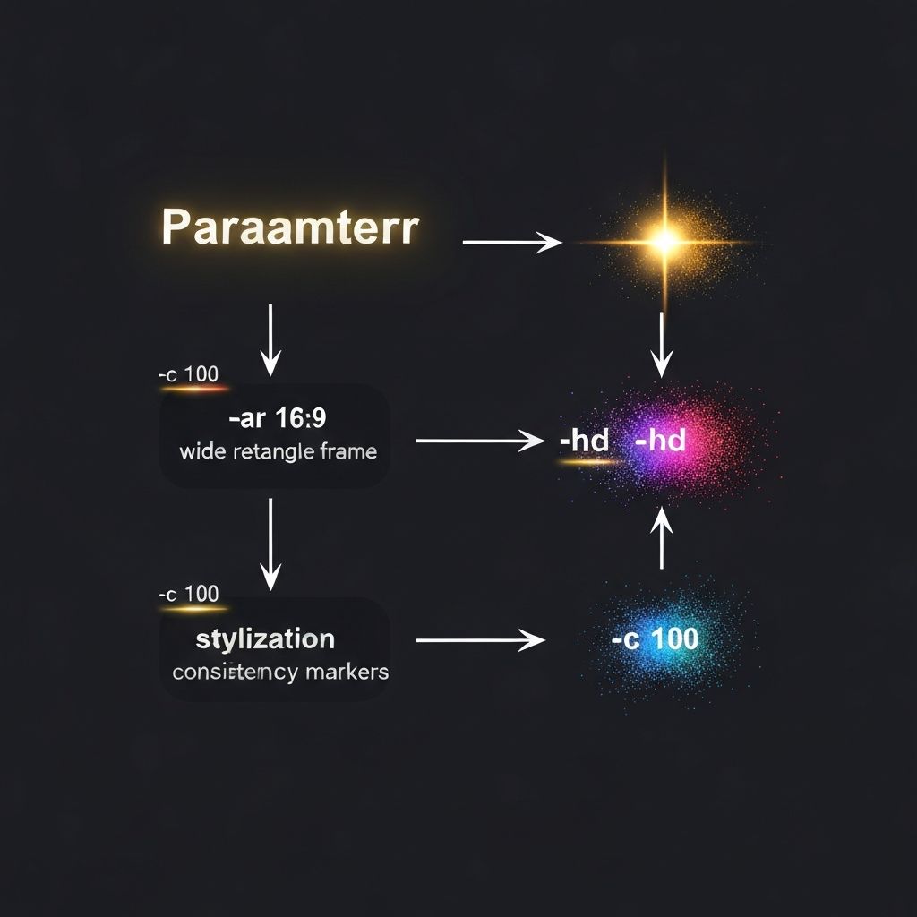 A visual flow diagram showing how parameters chain together: prompt text → --ar transforms to frame → --hd amplifies clarity → --s 600 applies artistic style → --q 2 adds detail → --c 40 enables variation