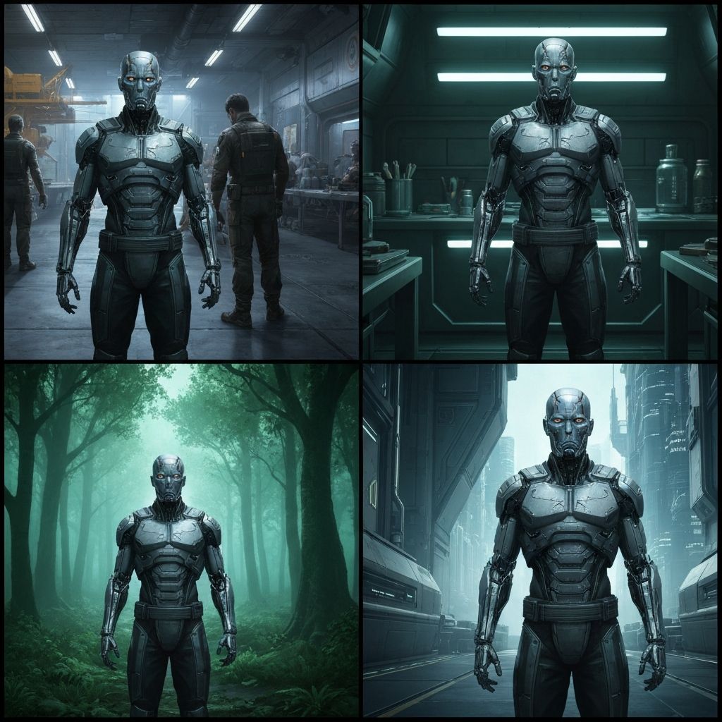 Four panels showing the same cyber-panda character in different locations (office, cafe, park, boardroom) with identical facial features and proportions