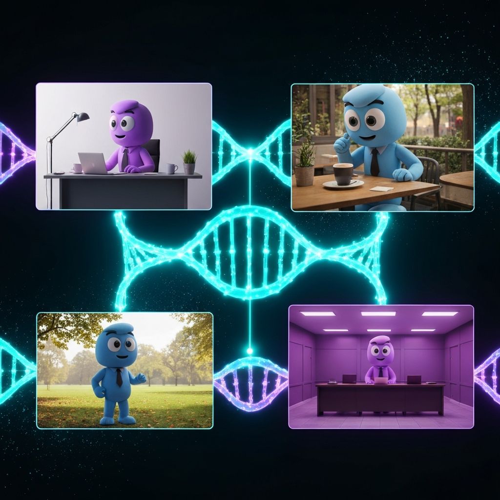 A digital DNA strand glowing in cyan and purple, connecting four different scene images showing a consistent mascot across desk, cafe, park, and boardroom settings