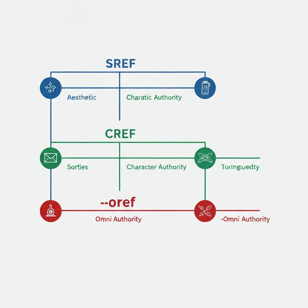 A hierarchical architecture diagram showing Reference Authority at top, branching to SREF, CREF, and --oref, all flowing down to multiple consistent generated images
