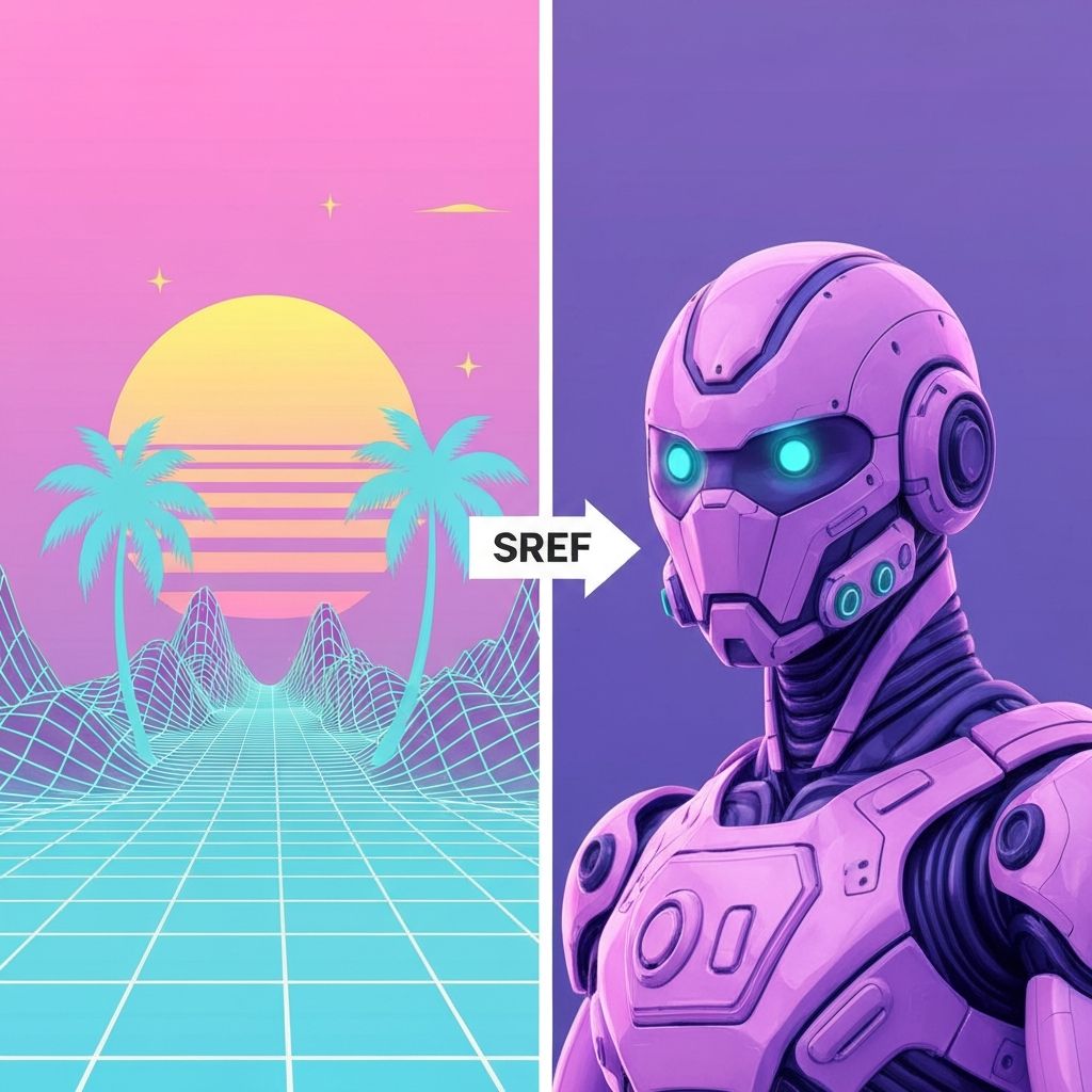 A split-screen showing 80s retro vaporwave aesthetic on the left, and the same aesthetic applied to a futuristic robot on the right, maintaining pastel colors and grid patterns