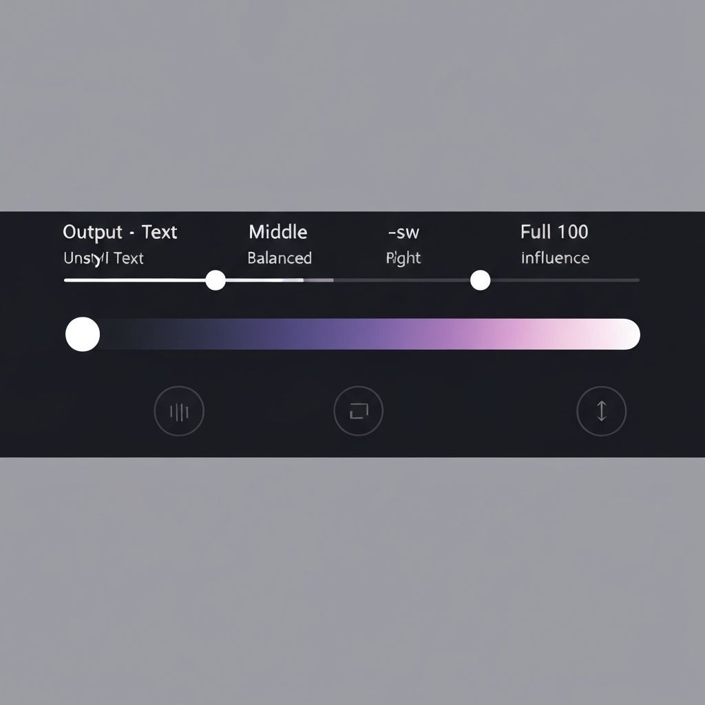 A horizontal slider showing three outputs: weak influence (barely styled character), balanced (perfect blend), and full influence (style completely dominates)