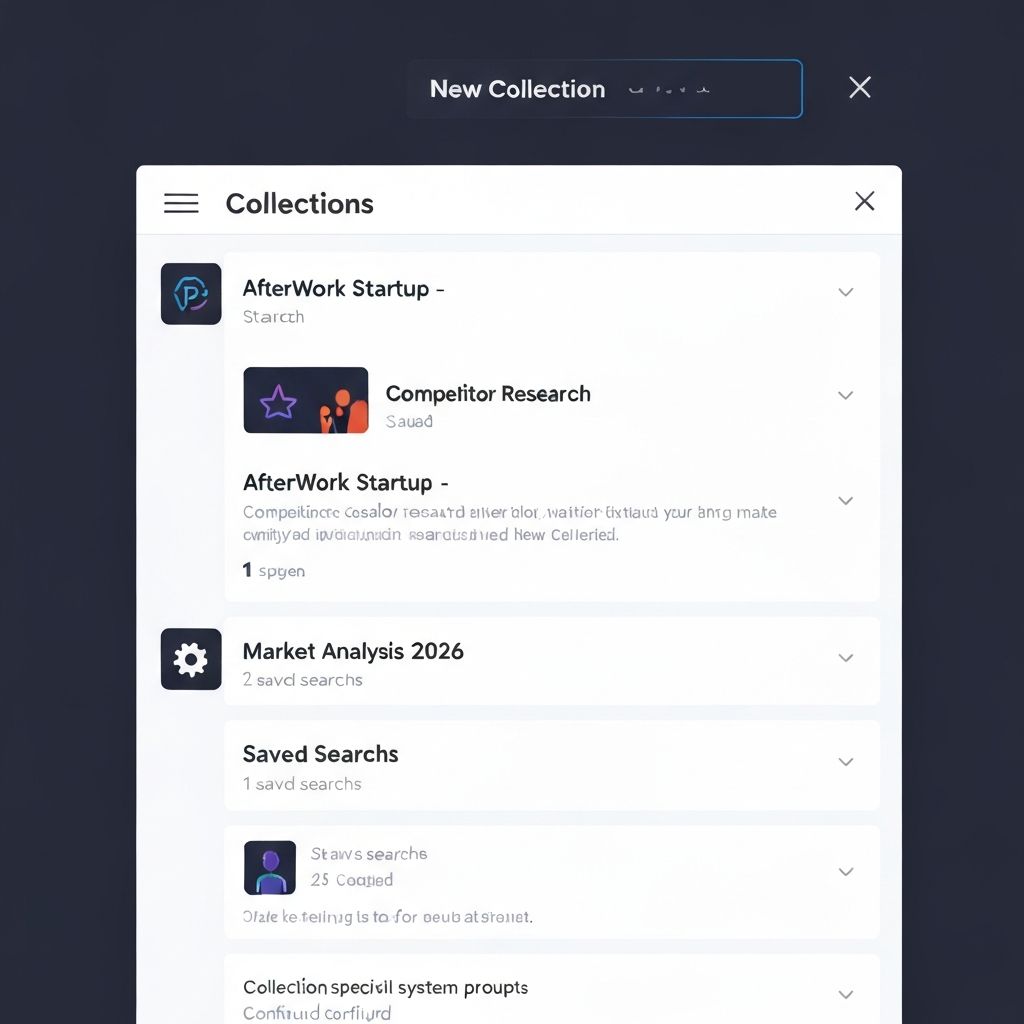 A Perplexity AI Library panel showing Collections cards like "AfterWork Startup - Competitor Research" and "Market Analysis 2026". A "New Collection" button is visible at the top. Each collection shows saved searches count