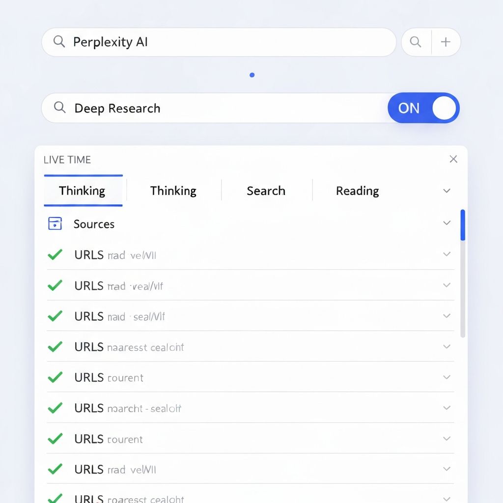 A Perplexity AI interface showing Deep Research mode with the toggle activated. A live research feed displays the AI "Thinking," "Searching," and "Reading" through multiple URLs in real-time with checkmarks