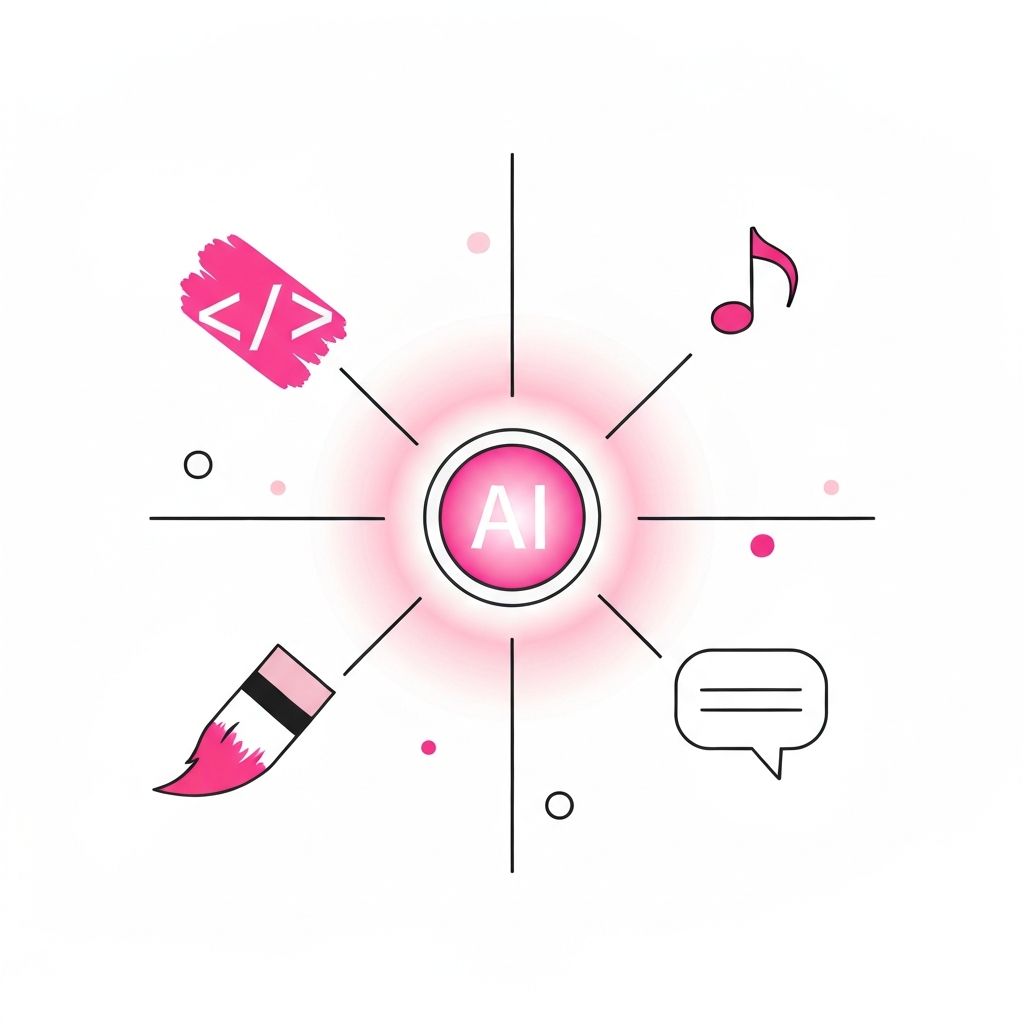 Illustration of a glowing AI core radiating creative outputs like a paintbrush, code symbol, music note and text bubble