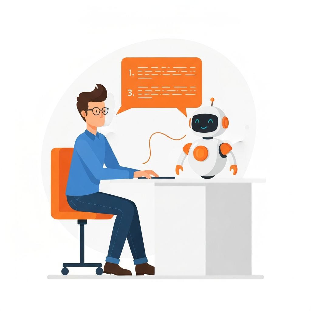 Person at a desk sending a detailed instruction message to a friendly robot assistant